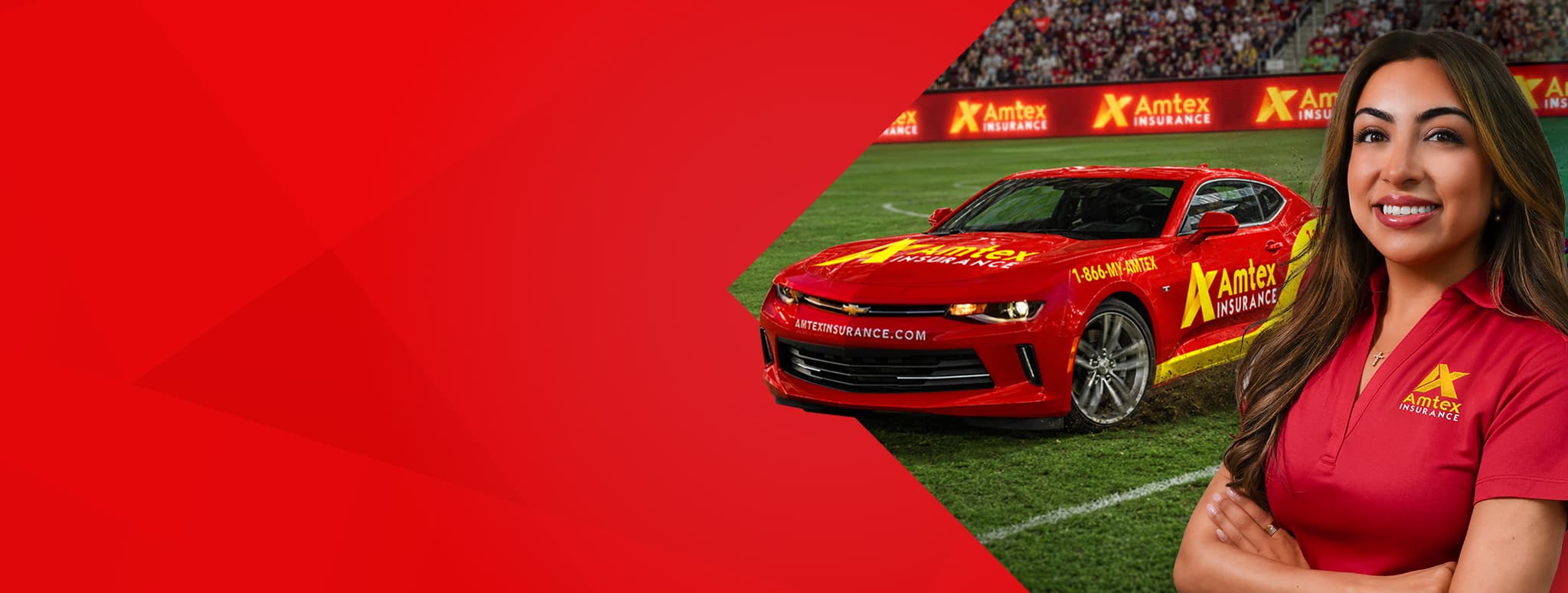 Amtex Insurance FIFA campaign banner with branded car, soccer stadium, and Amtex representative