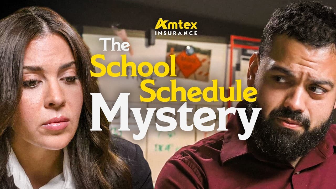 Parents studying a wall of school schedules in the Amtex Insurance Back-to-School commercial